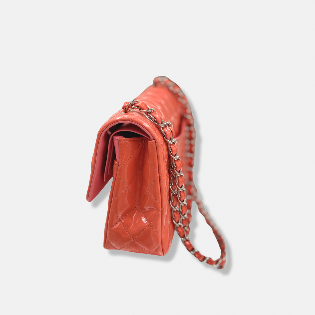 Classic Double Flap Medium Coral Orange Patent Leather