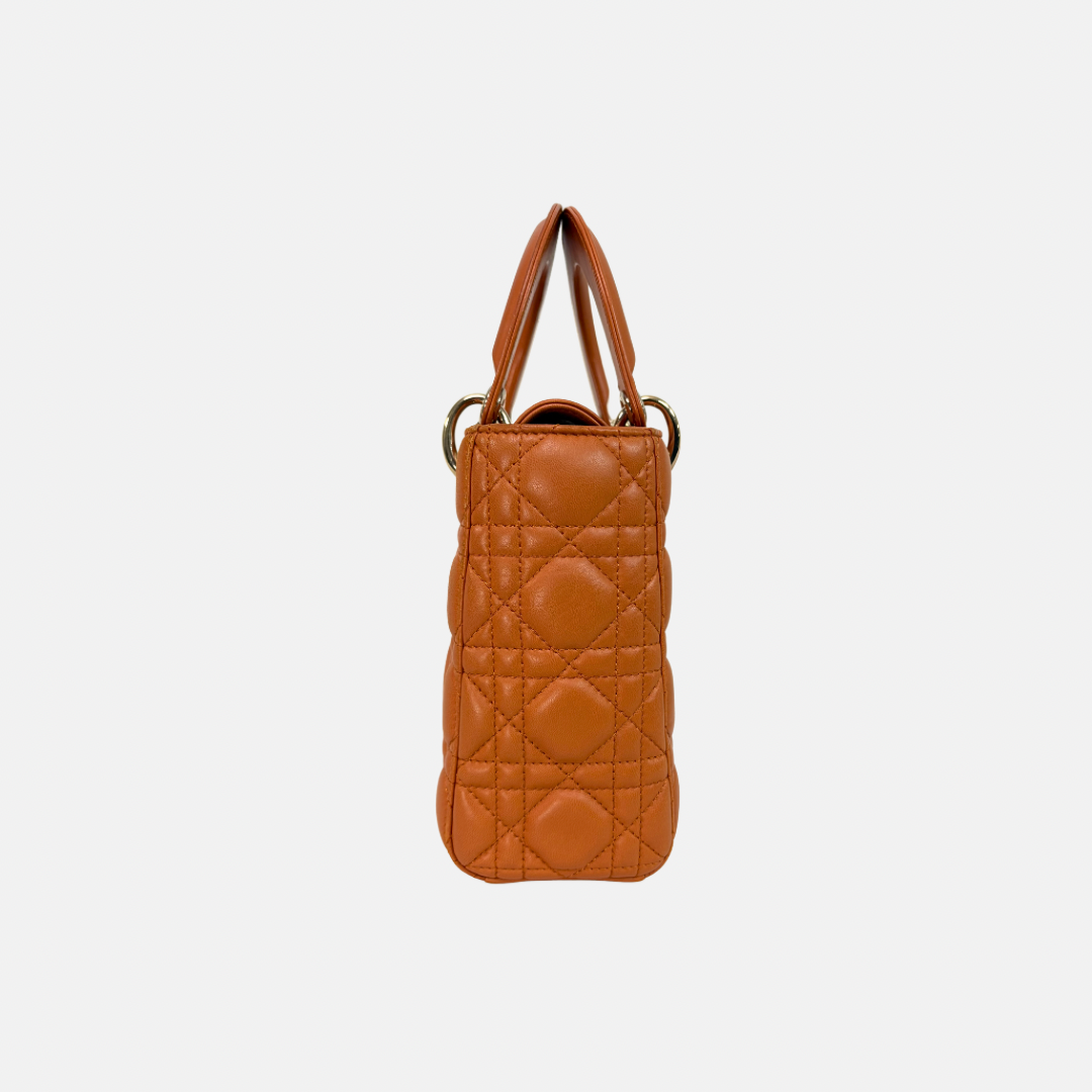 Lady Dior Small Orange Cannage Lambskin Leather ABC Strap Gold Hardware