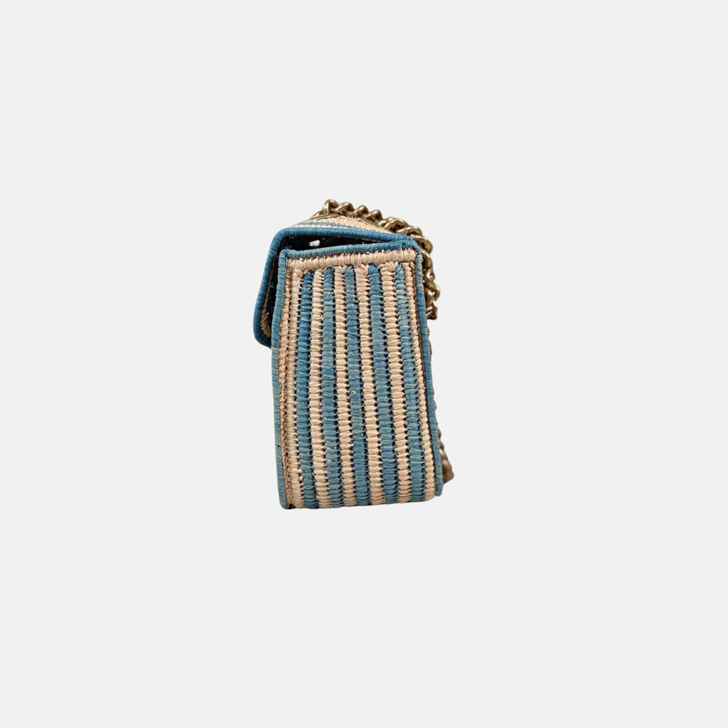 Raffia Woven Blue GG Marmont Shoulder Bag Gold Hardware