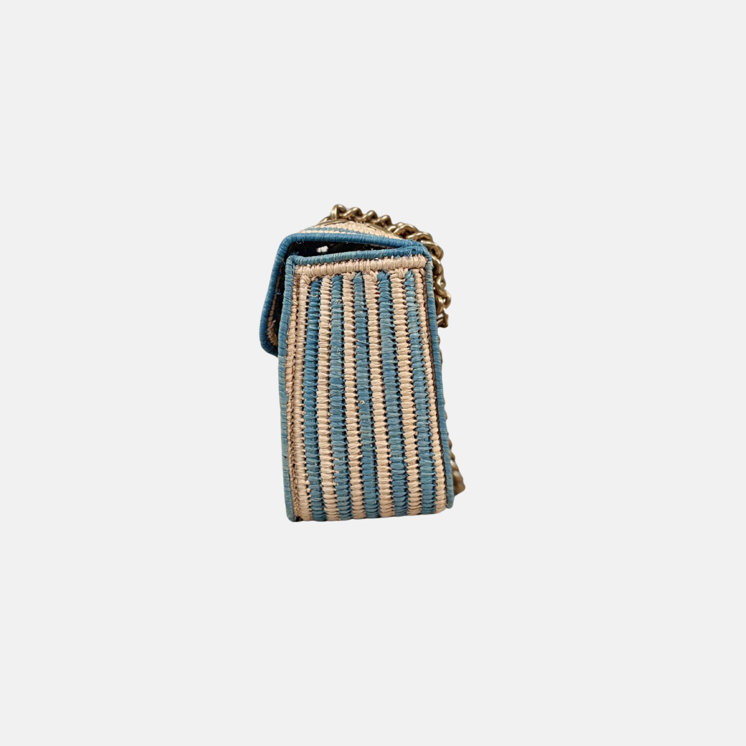 Raffia Woven Blue GG Marmont Shoulder Bag Gold Hardware