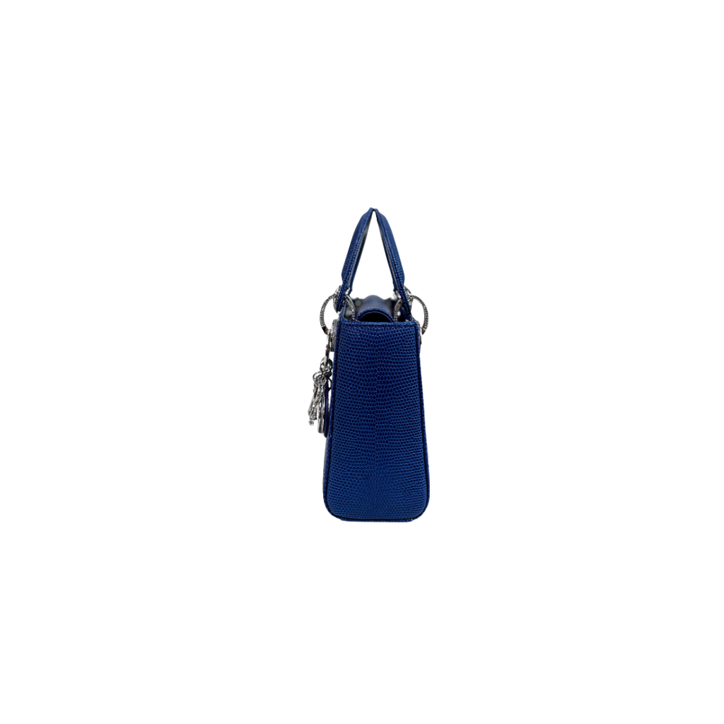 Mini Lady Dior Bag Blue Lizard W/ Crystals Charms Silver Hardware