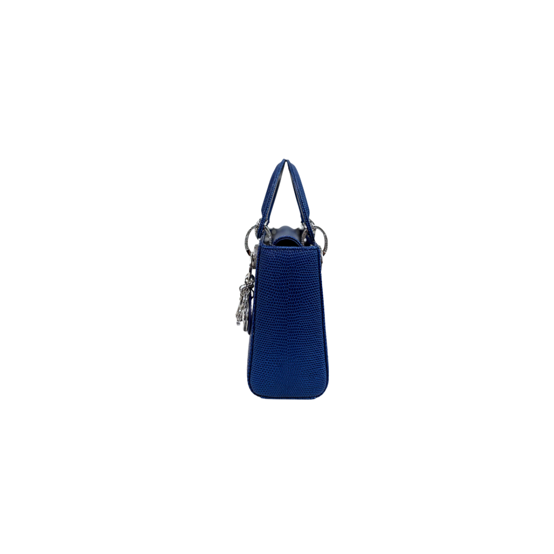Mini Lady Dior Bag Blue Lizard W/ Crystals Charms Silver Hardware