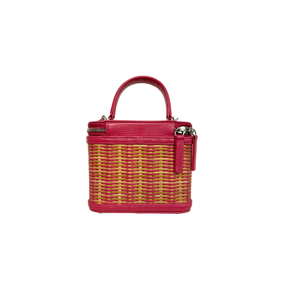 Take Away Vanity Case Top Handle Bag Salmon Pink Rattan Silver Hardware