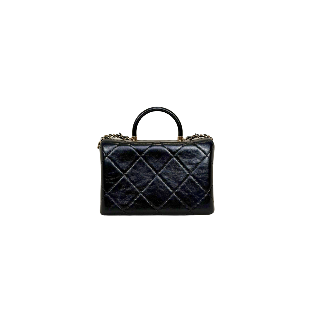 Vanity Top Handle Black Shiny Lambskin Leather Gold Hardware