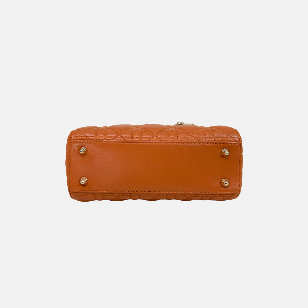 Lady Dior Small Orange Cannage Lambskin Leather ABC Strap Gold Hardware