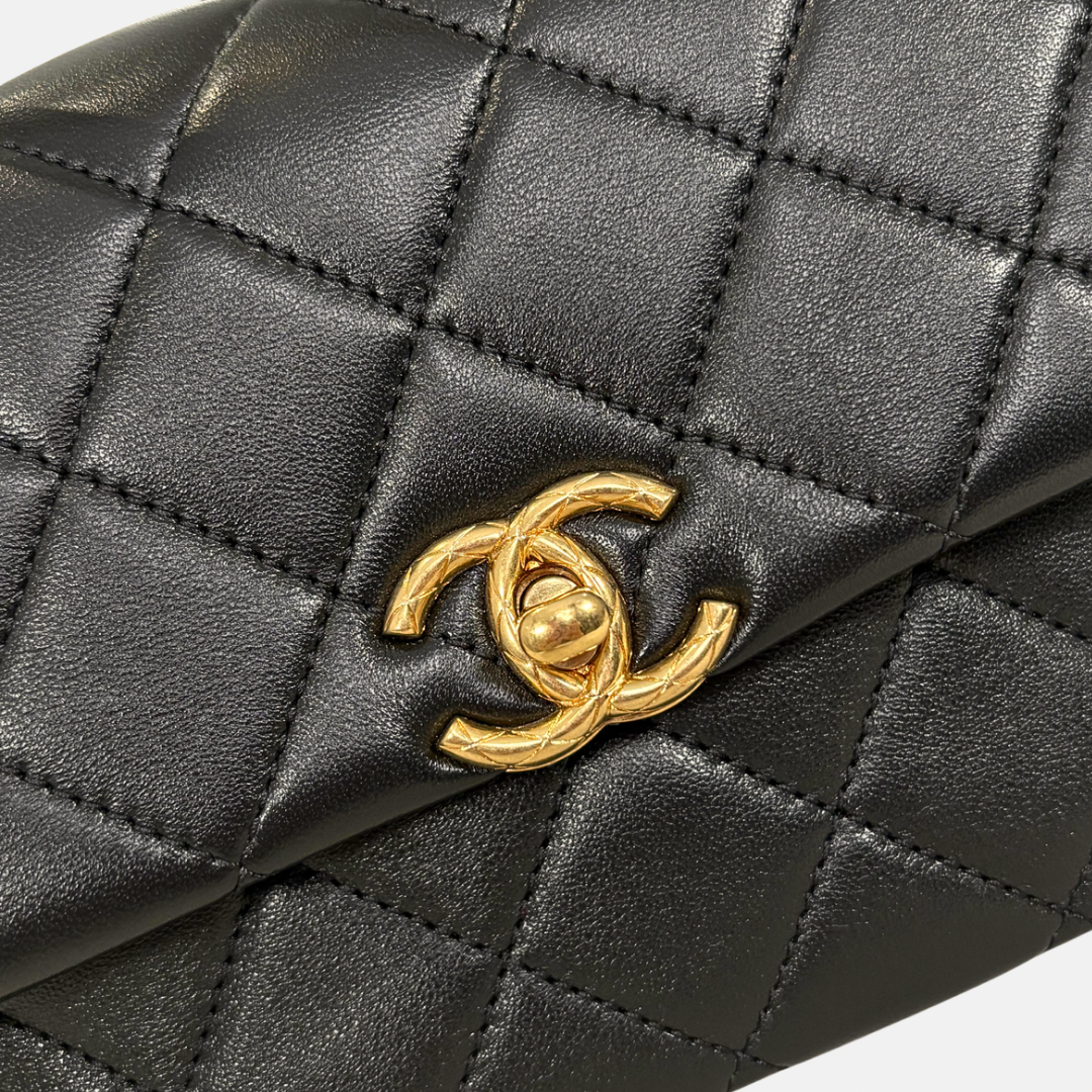 24C Mini Flap Black Lambskin Leather Gold Hardware Microchip