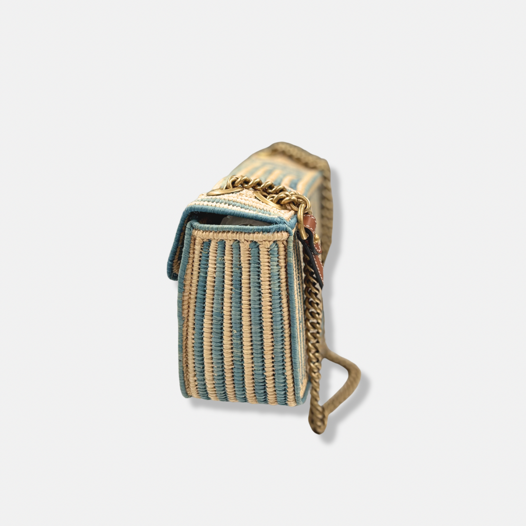 Raffia Woven Blue GG Marmont Shoulder Bag Gold Hardware