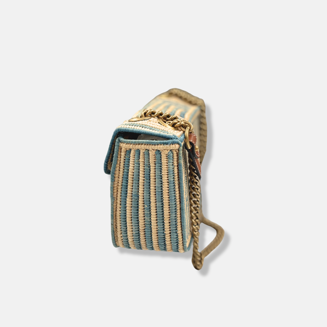 Raffia Woven Blue GG Marmont Shoulder Bag Gold Hardware