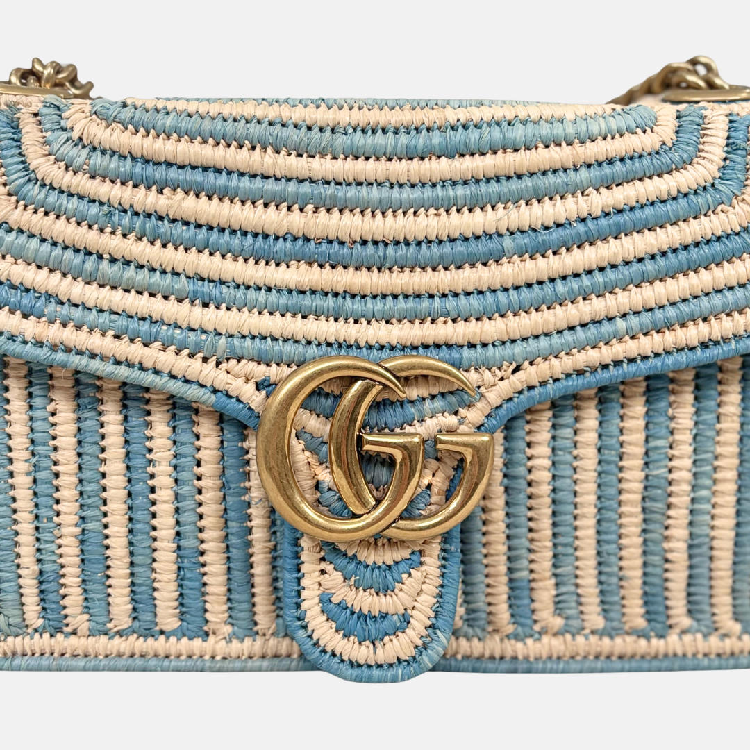 Raffia Woven Blue GG Marmont Shoulder Bag Gold Hardware