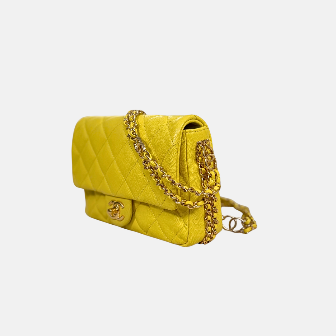 23C Collection Seasonal Flap Lemon Yellow Caviar Gold Hardware Microchip