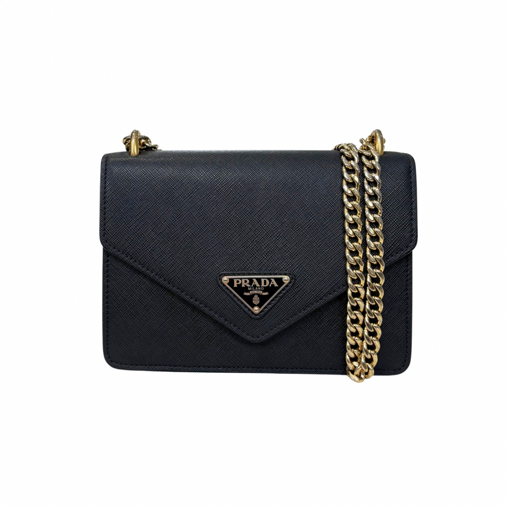 Envelope Shoulder Bag Saffiano Leather Black Gold Hardware