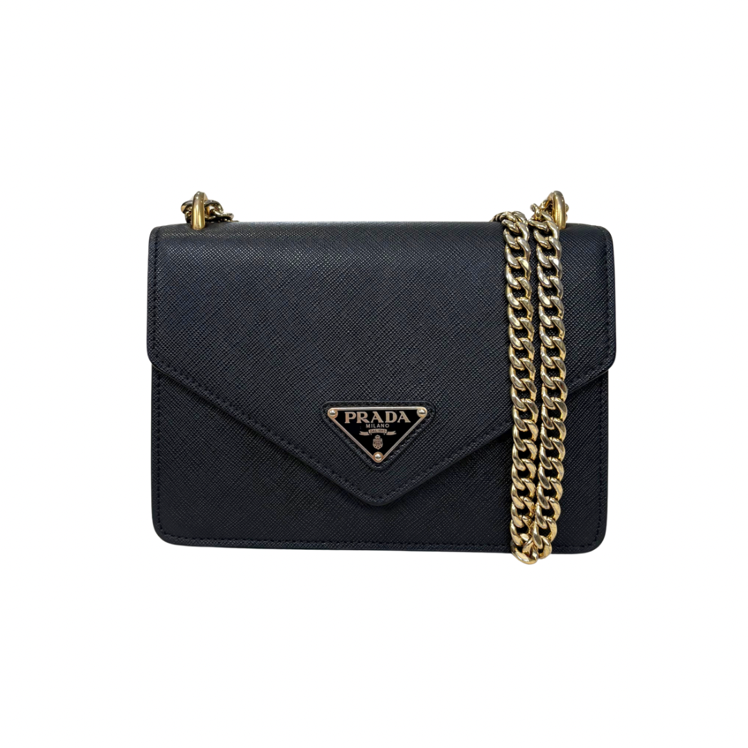 Envelope Shoulder Bag Saffiano Leather Black Gold Hardware