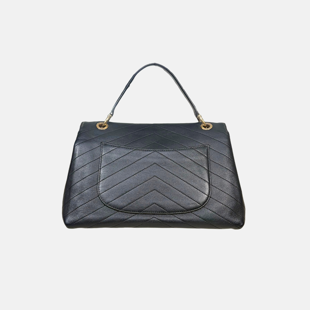 Chevron Chic Flap Bag Medium Black Calfskin Leather Gold Hardware