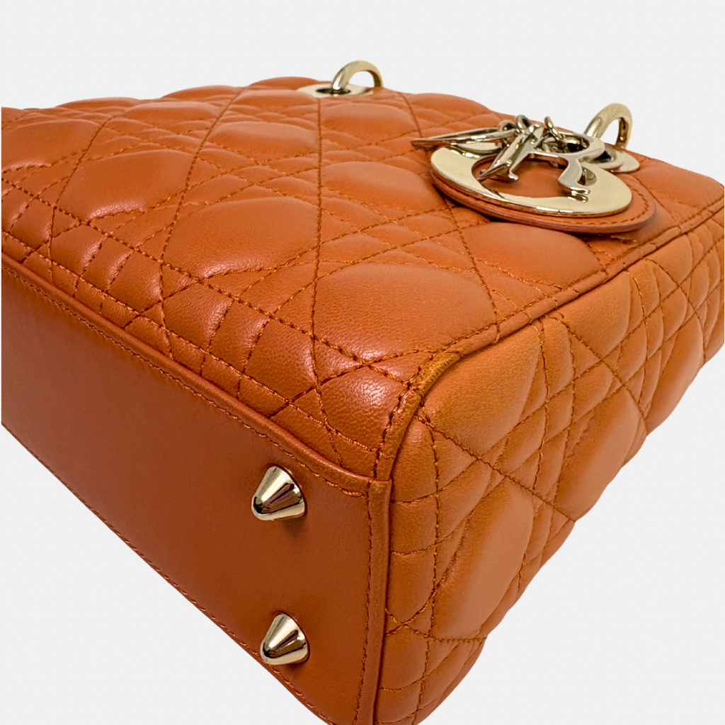 Lady Dior Small Orange Cannage Lambskin Leather ABC Strap Gold Hardware