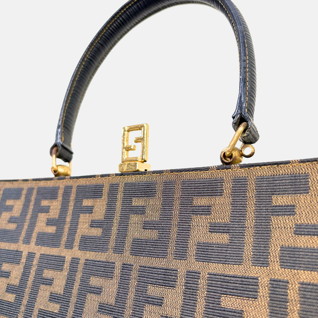 Zucca Canvas Vintage Handbag Brown Gold Hardware
