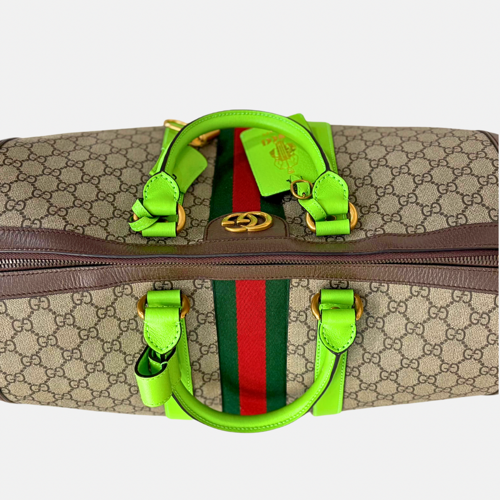 Savoy Duffle Bag GG Supreme Canvas Neon Green Gold Hardware
