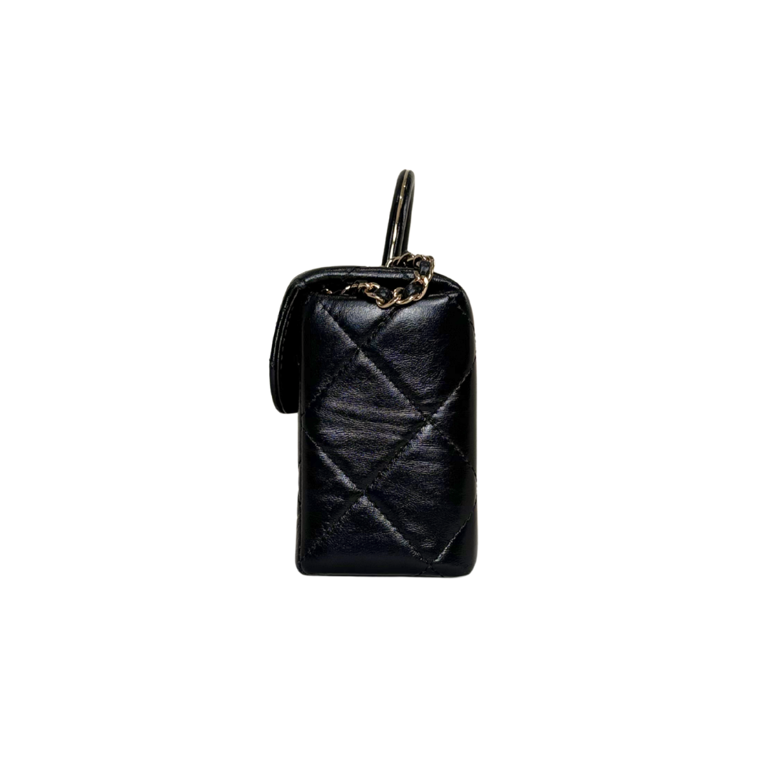 Vanity Top Handle Black Shiny Lambskin Leather Gold Hardware