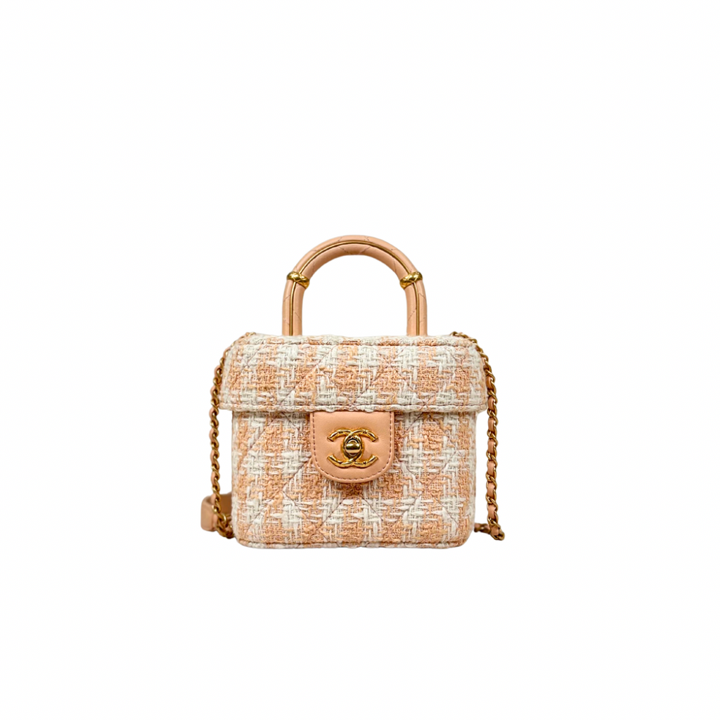 Tweed Mini Square Flap Bag Light Orange Ecru Gold Hardware
