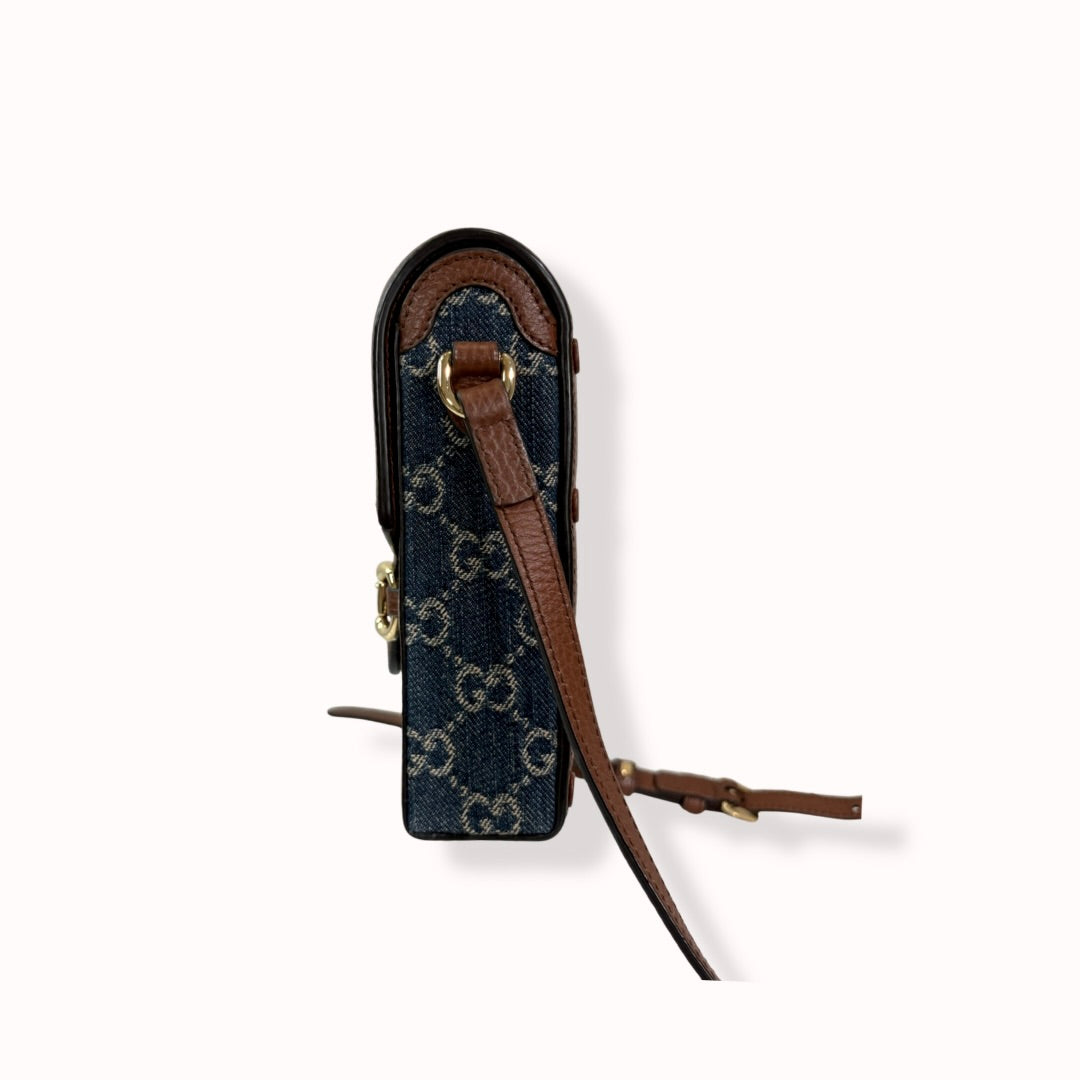 Horsebit GG Denim 1955 Mini Brown Leather Trim