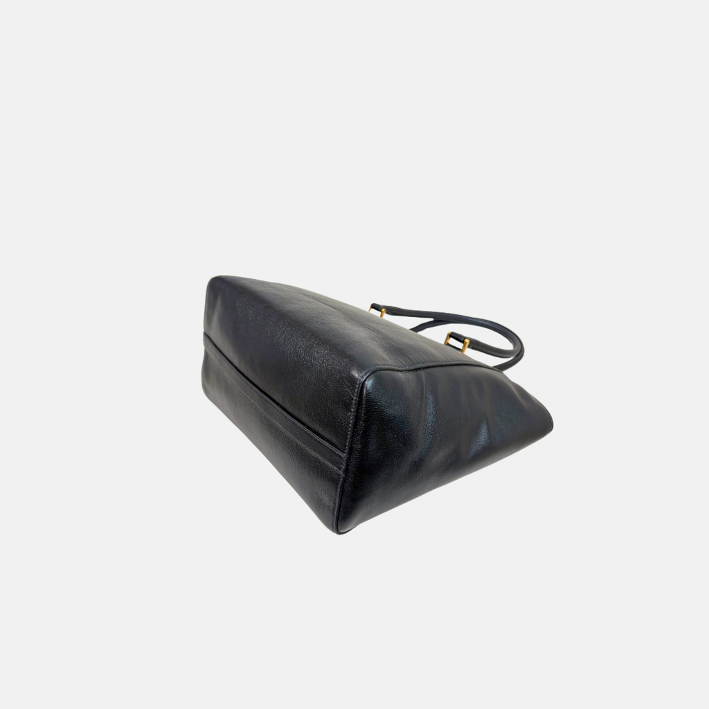 Two Way Tote Bag Black Leather Gold Hardware
