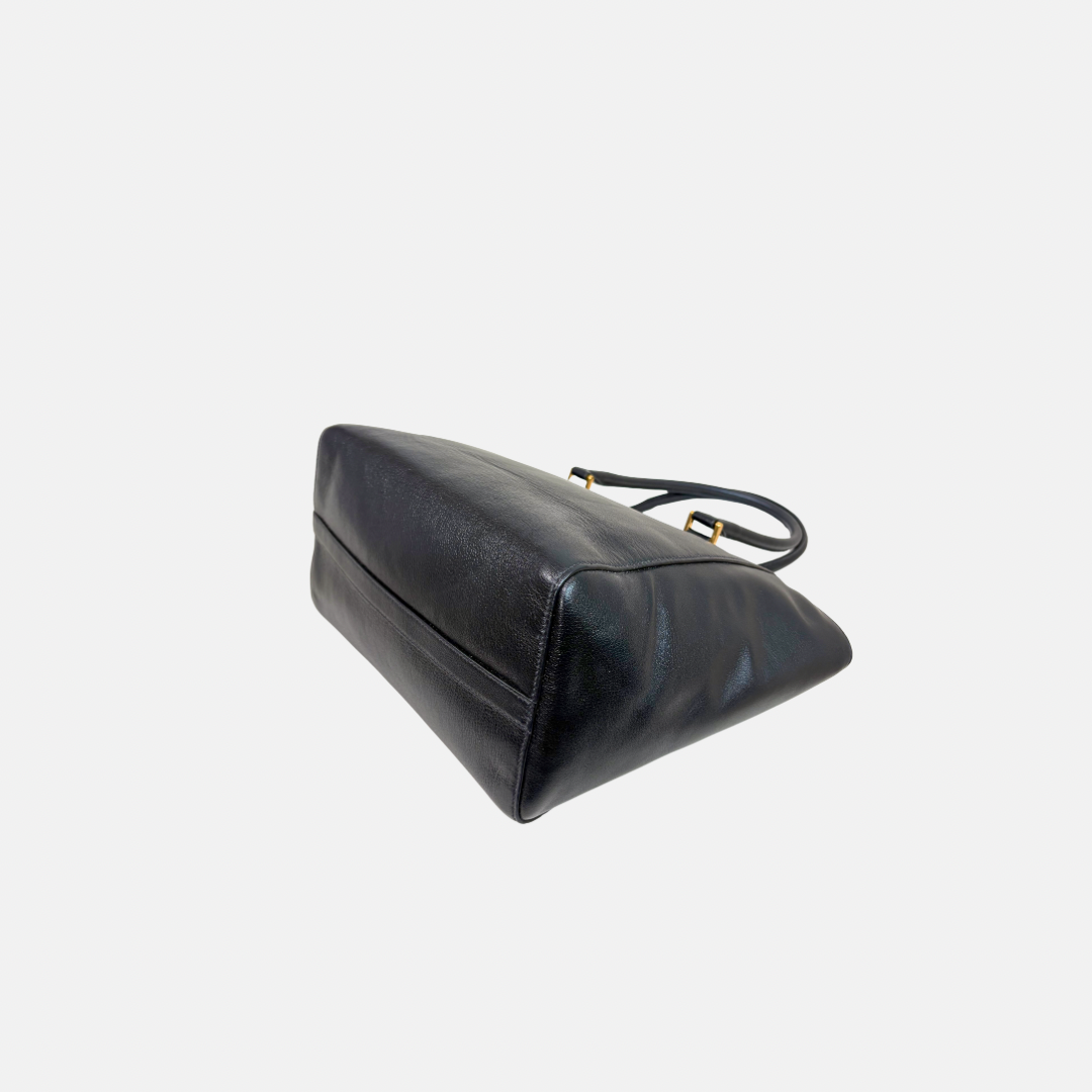 Two Way Tote Bag Black Leather Gold Hardware