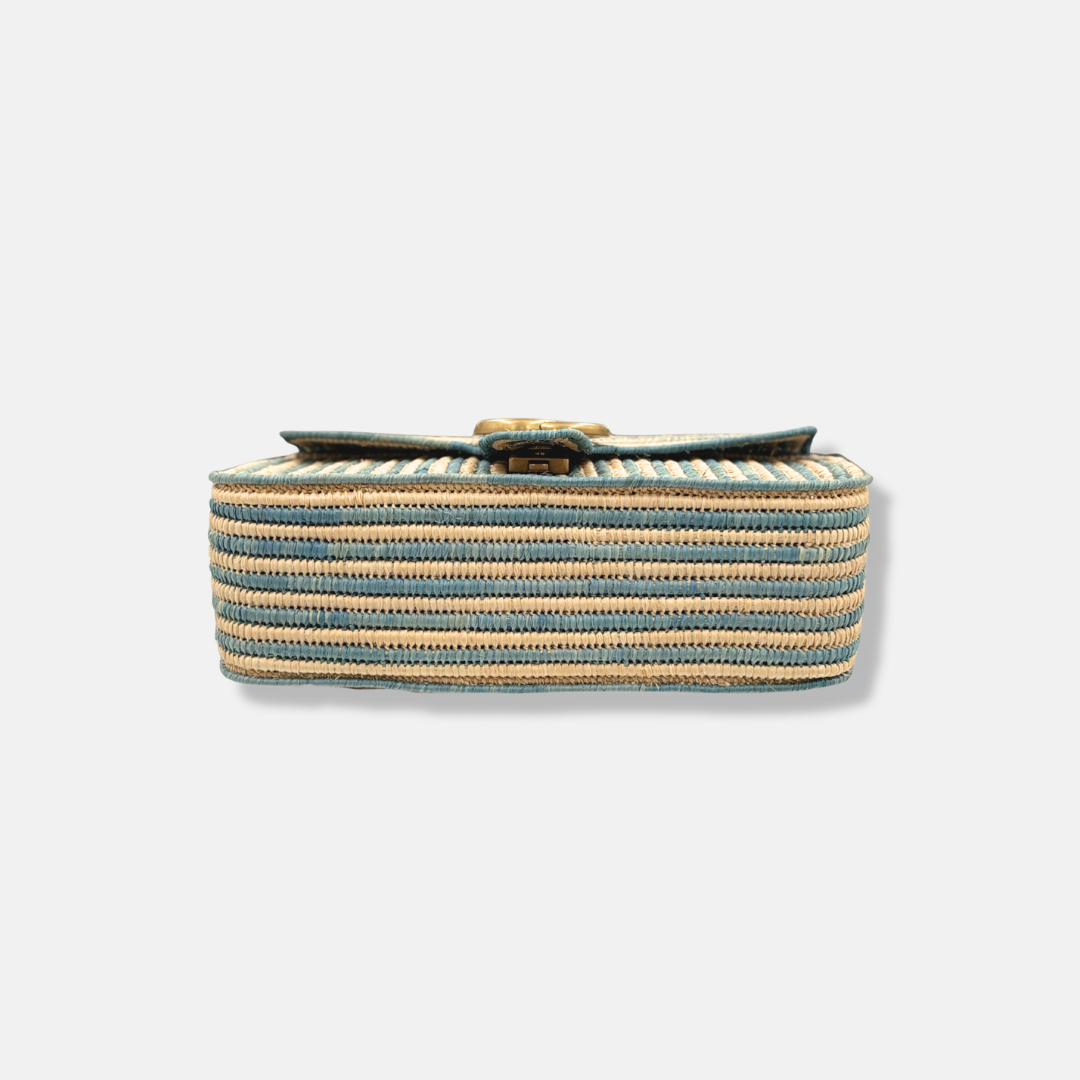 Raffia Woven Blue GG Marmont Shoulder Bag Gold Hardware