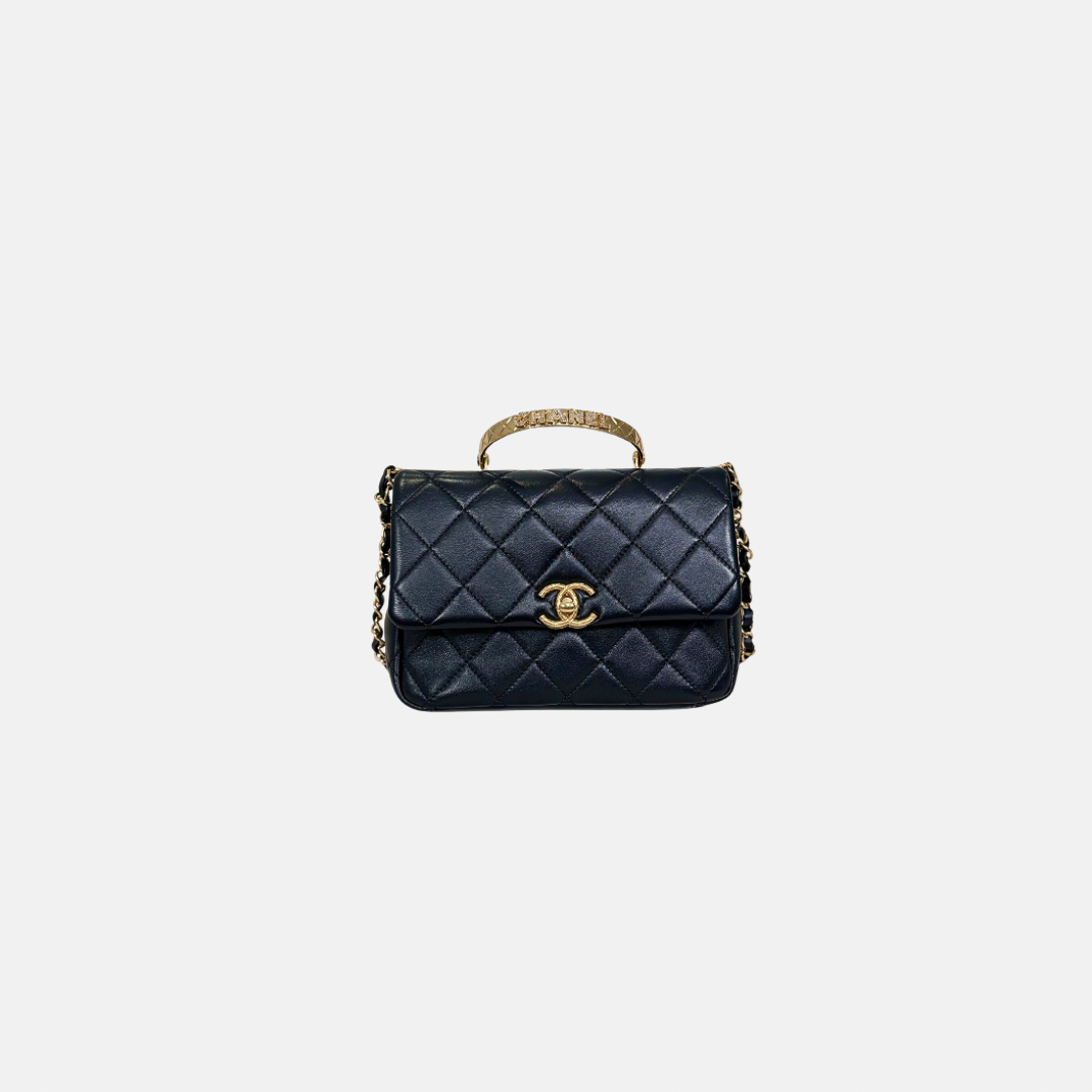 24C Mini Flap Black Lambskin Leather Gold Hardware Microchip