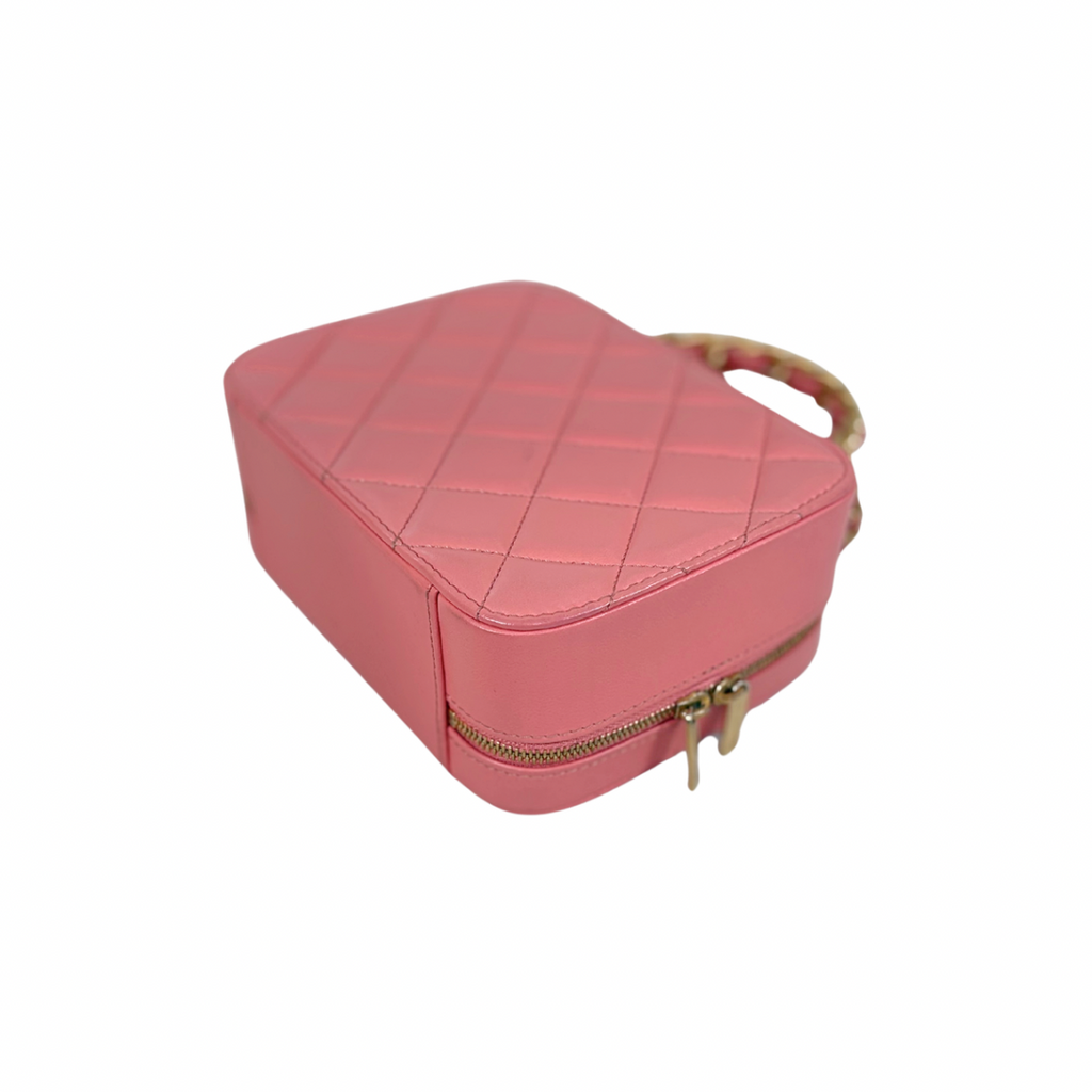 Vanity Top Handle Salmon Pink Lambskin Leather Gold Hardware Microchip