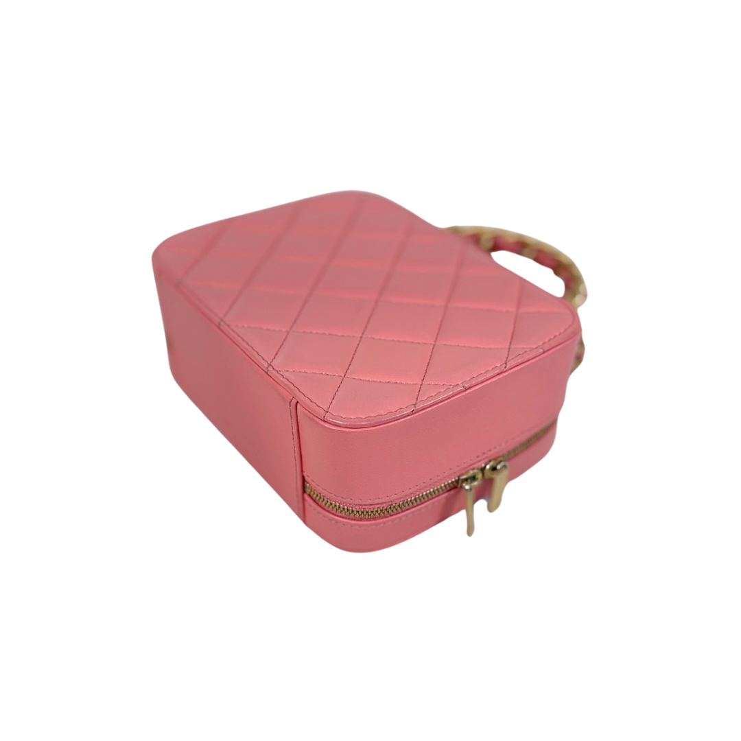 Vanity Top Handle Salmon Pink Lambskin Leather Gold Hardware Microchip