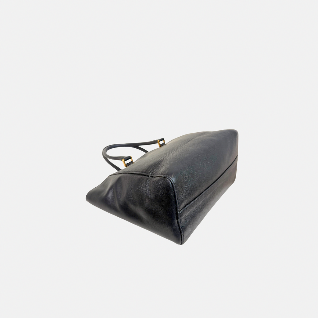 Two Way Tote Bag Black Leather Gold Hardware