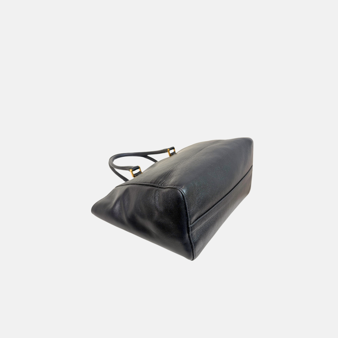 Two Way Tote Bag Black Leather Gold Hardware