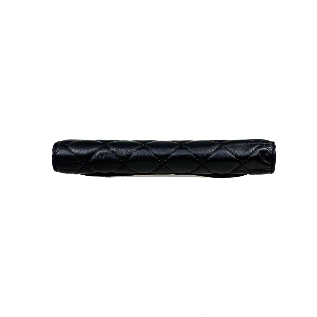 Long Wallet Black Lambskin Leather Silver Hardware