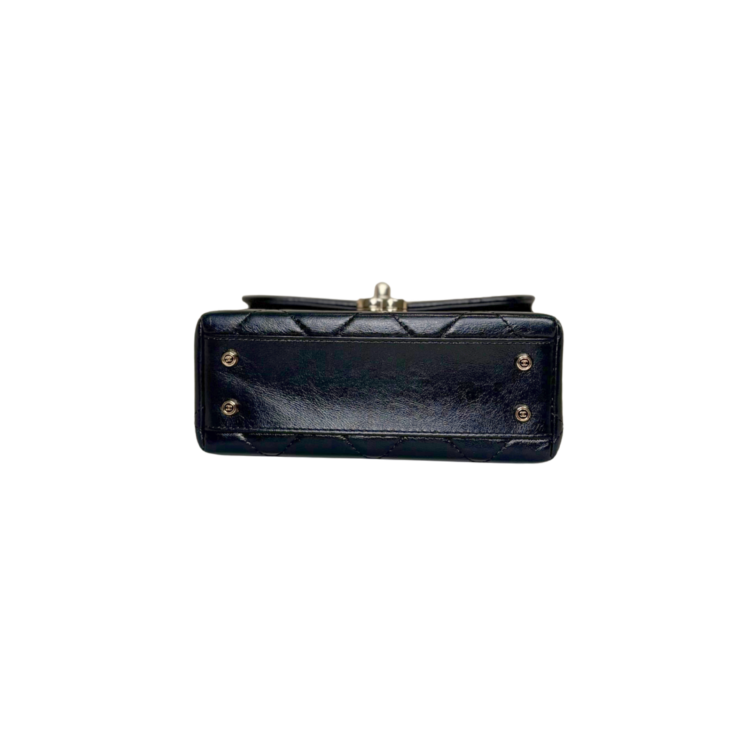 Vanity Top Handle Black Shiny Lambskin Leather Gold Hardware