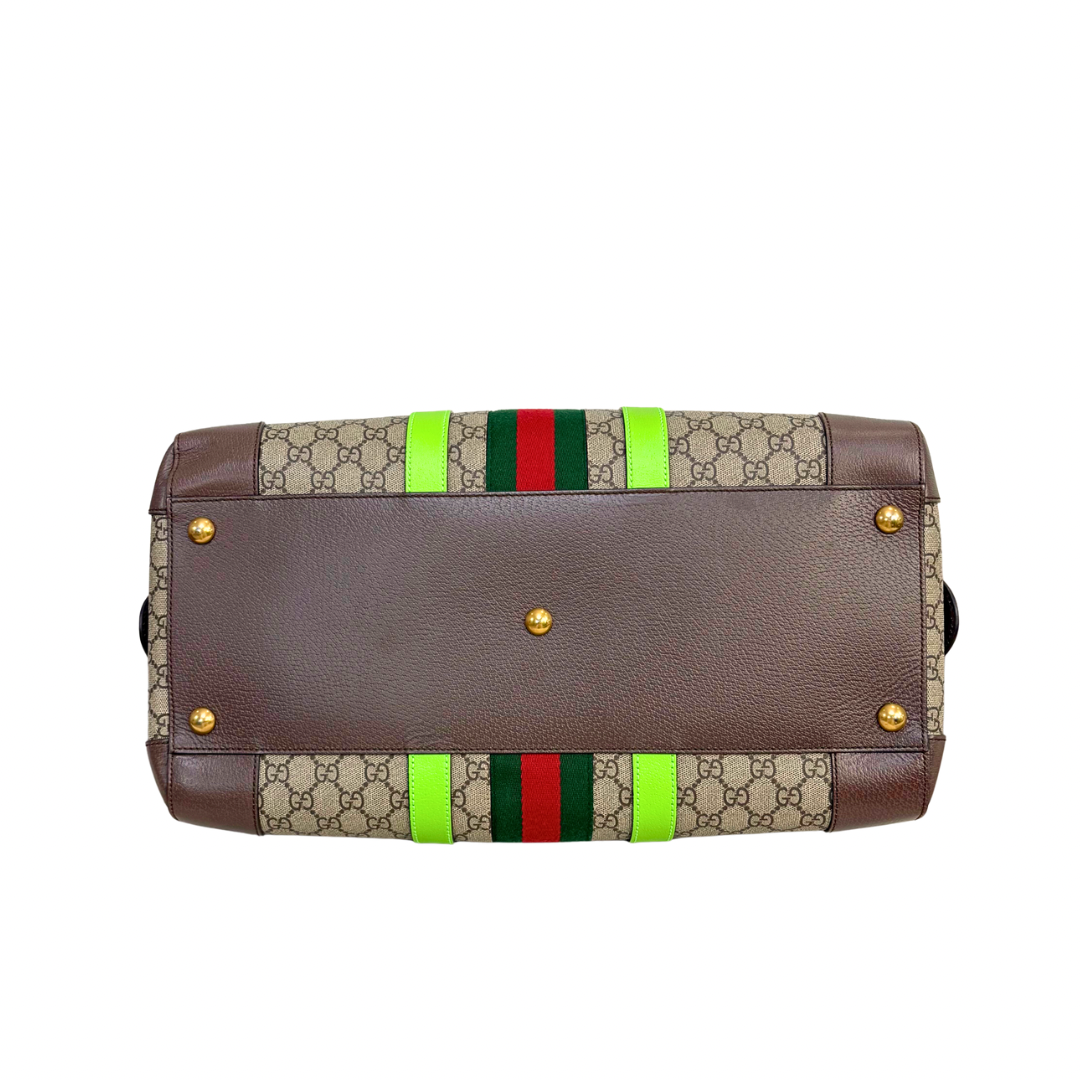 Savoy Duffle Bag GG Supreme Canvas Neon Green Gold Hardware