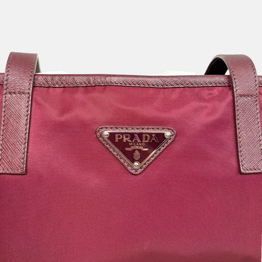 Tessuto Nylon Saffiano Tote Bag Burgundy Silver Hardware