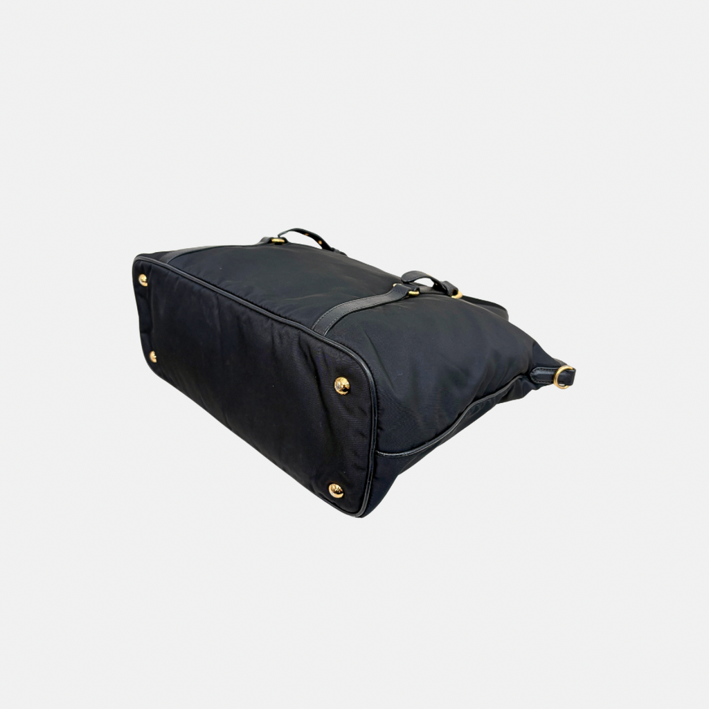 Tessuto Nylon Saffiano Black Leather Tote Bag Gold Hardware