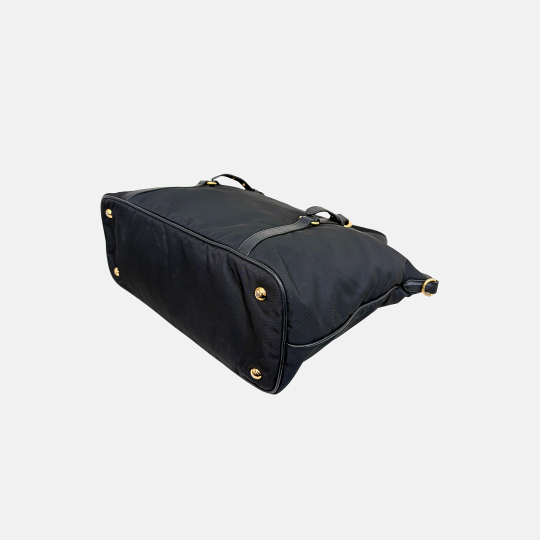 Tessuto Nylon Saffiano Black Leather Tote Bag Gold Hardware