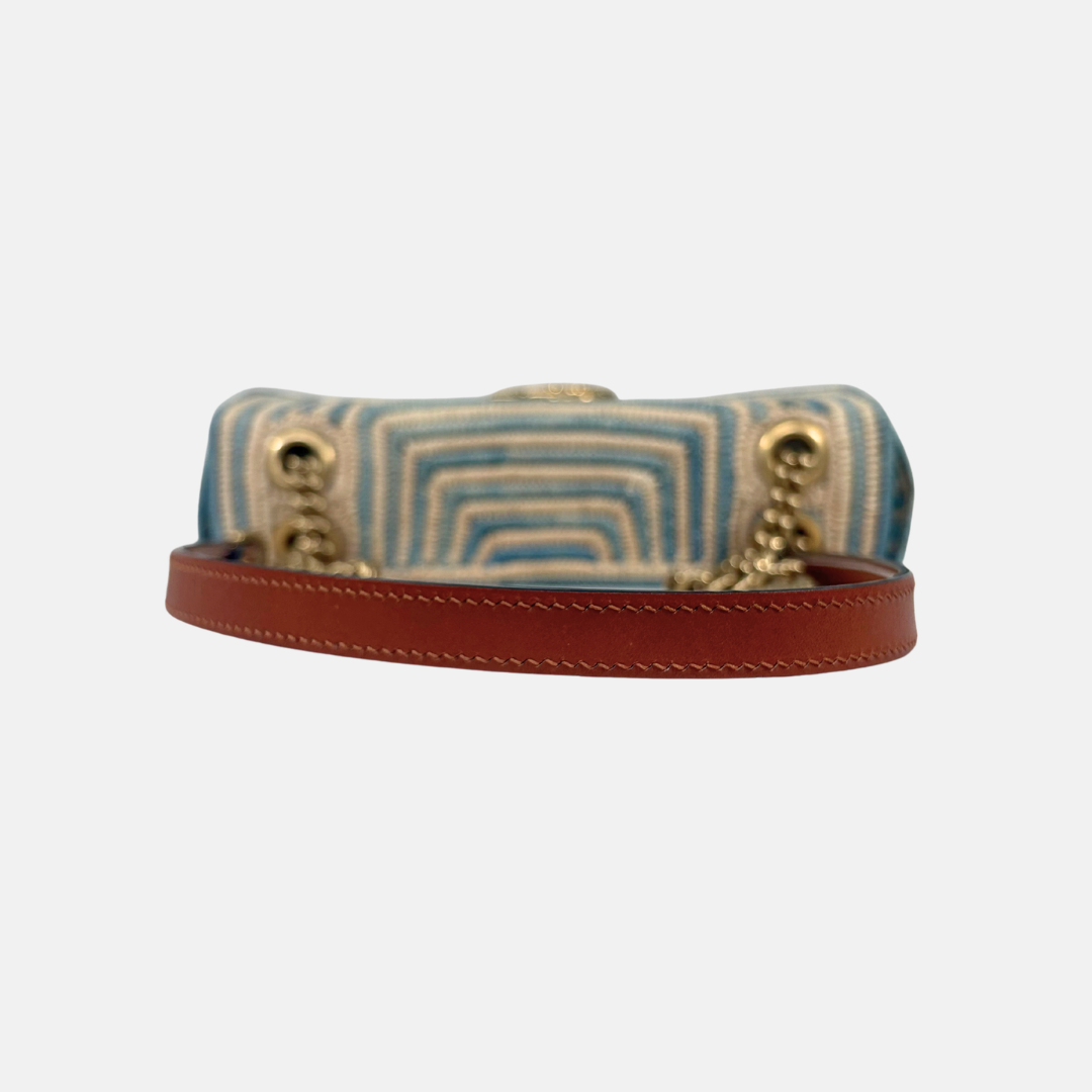 Raffia Woven Blue GG Marmont Shoulder Bag Gold Hardware