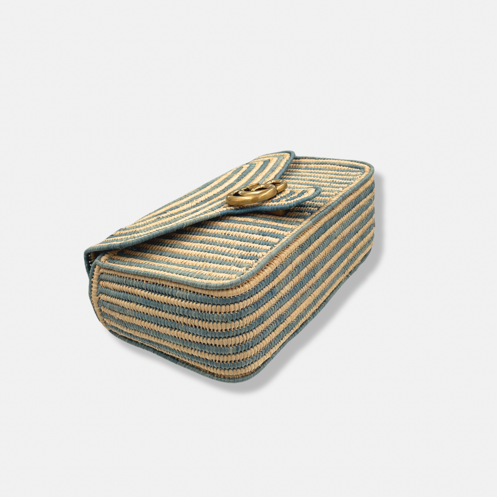 Raffia Woven Blue GG Marmont Shoulder Bag Gold Hardware