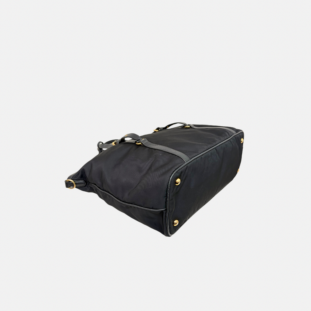 Tessuto Nylon Saffiano Black Leather Tote Bag Gold Hardware