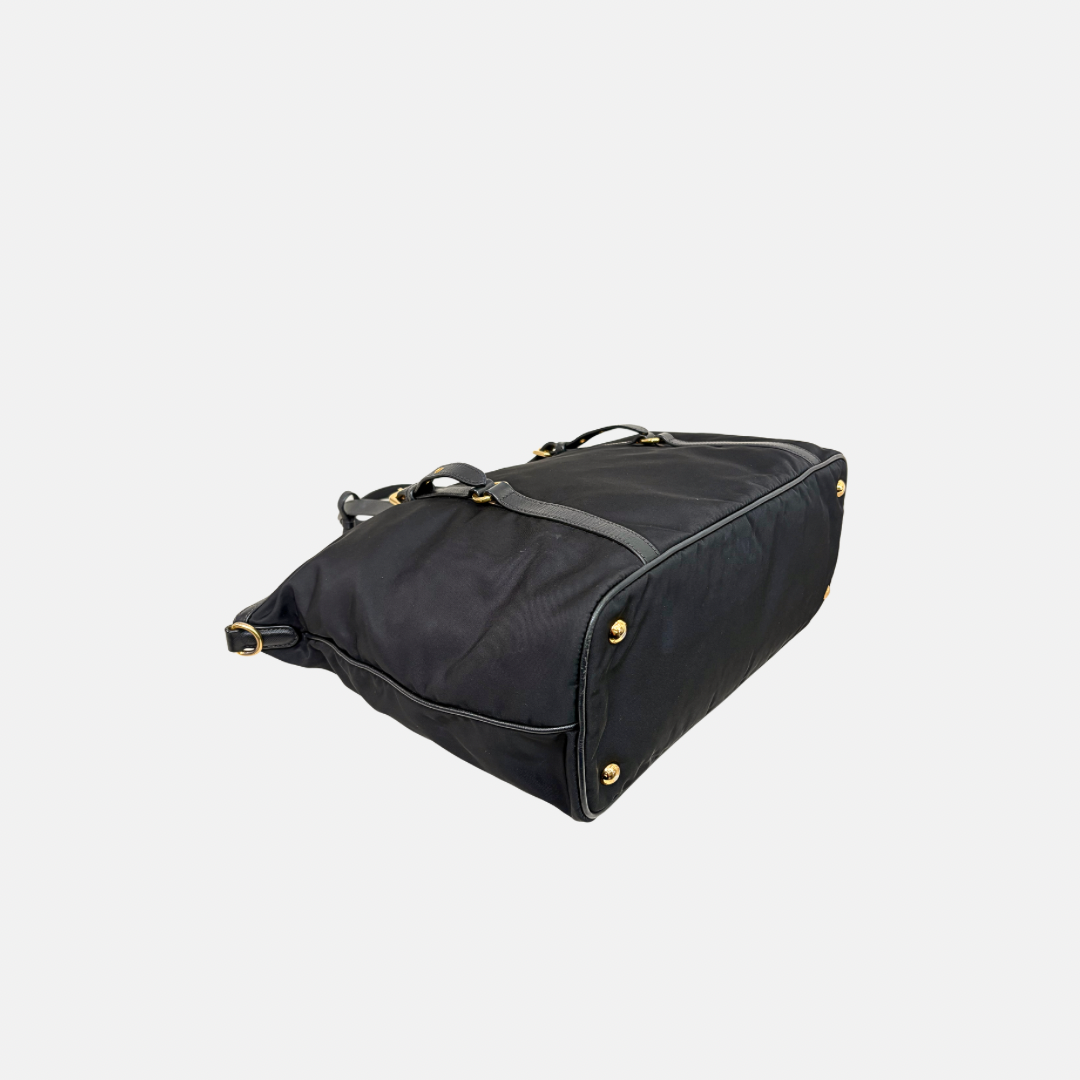 Tessuto Nylon Saffiano Black Leather Tote Bag Gold Hardware