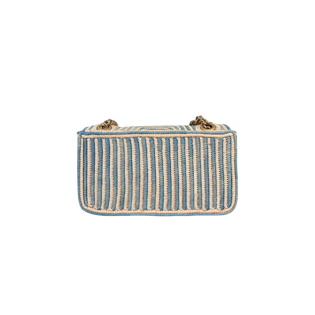 Raffia Woven Blue GG Marmont Shoulder Bag Gold Hardware