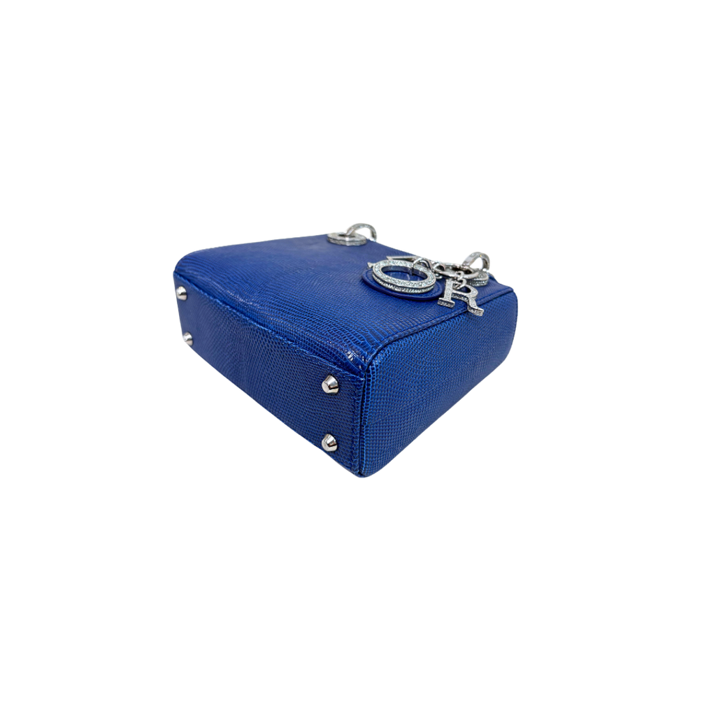 Mini Lady Dior Bag Blue Lizard W/ Crystals Charms Silver Hardware