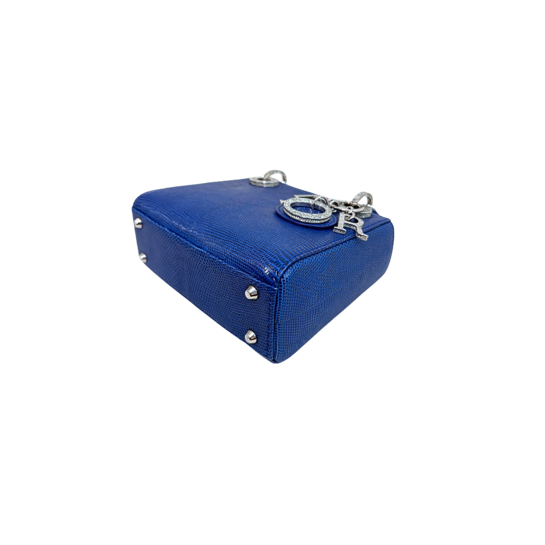 Mini Lady Dior Bag Blue Lizard W/ Crystals Charms Silver Hardware