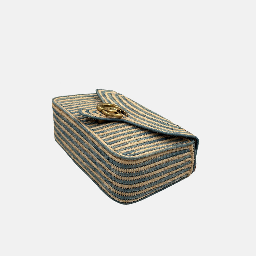 Raffia Woven Blue GG Marmont Shoulder Bag Gold Hardware
