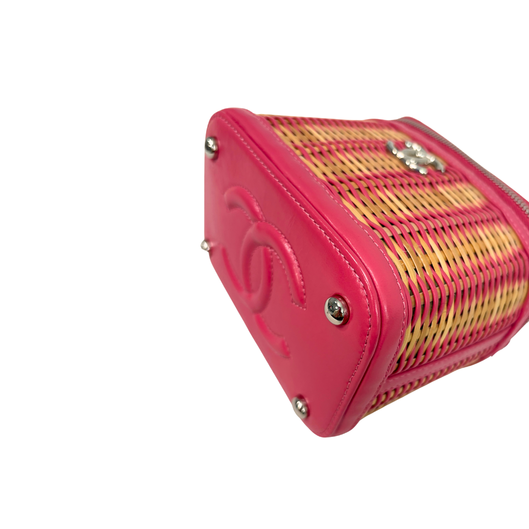 Take Away Vanity Case Top Handle Bag Salmon Pink Rattan Silver Hardware