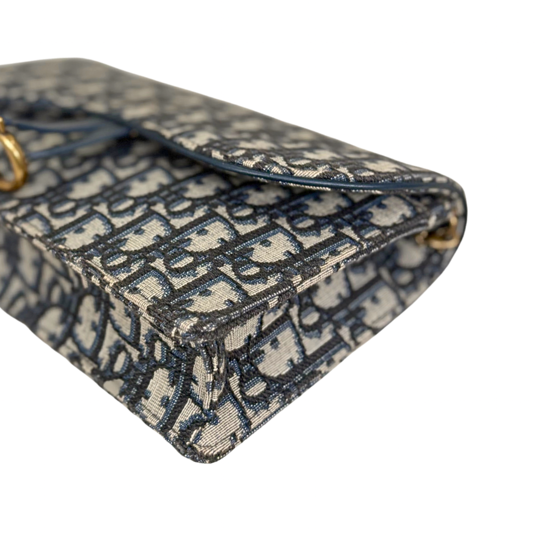 Saddle Pouch Wallet On Chain Medium Blue Oblique Jacquard Gold-Finish Hardware
