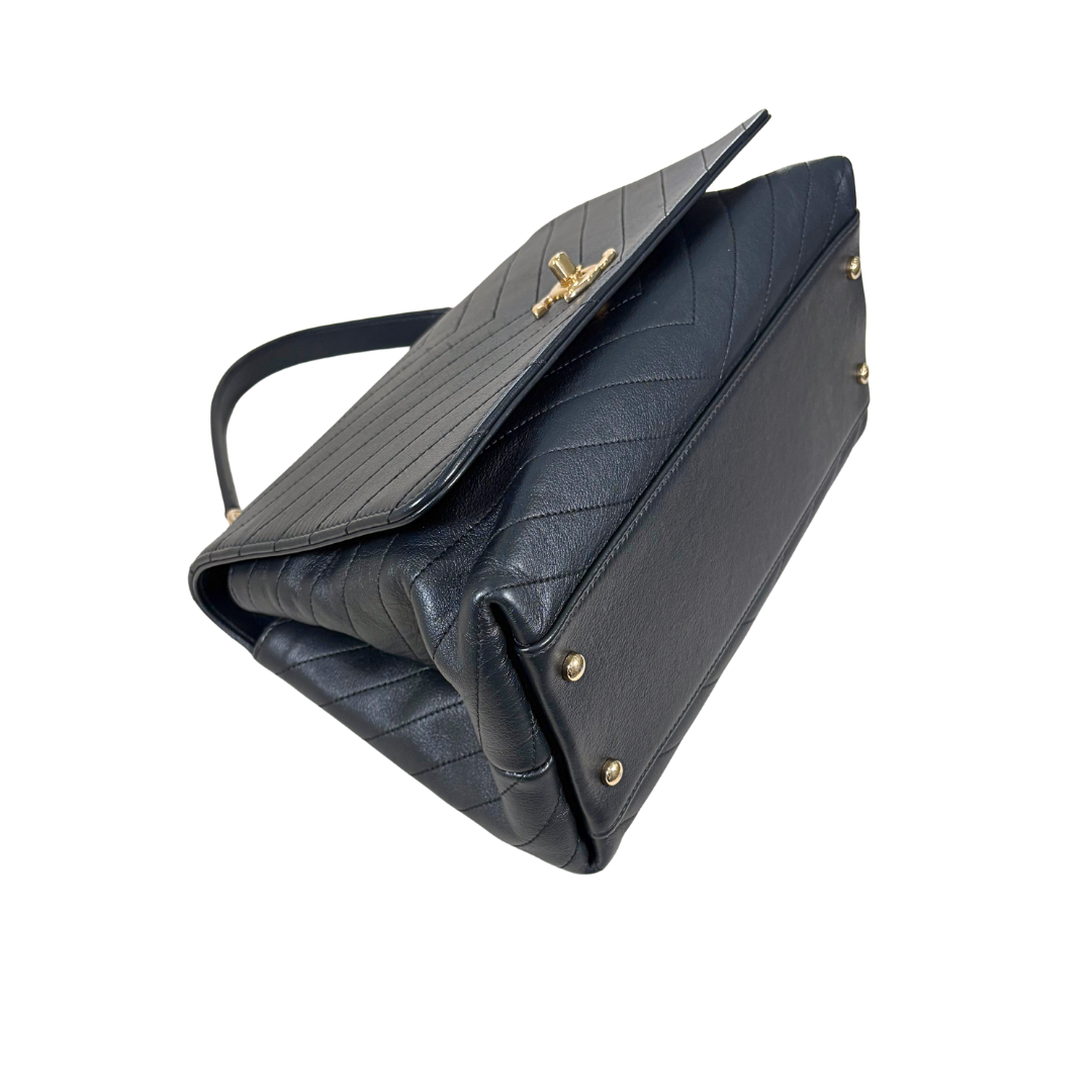 Chevron Chic Flap Bag Medium Black Calfskin Leather Gold Hardware