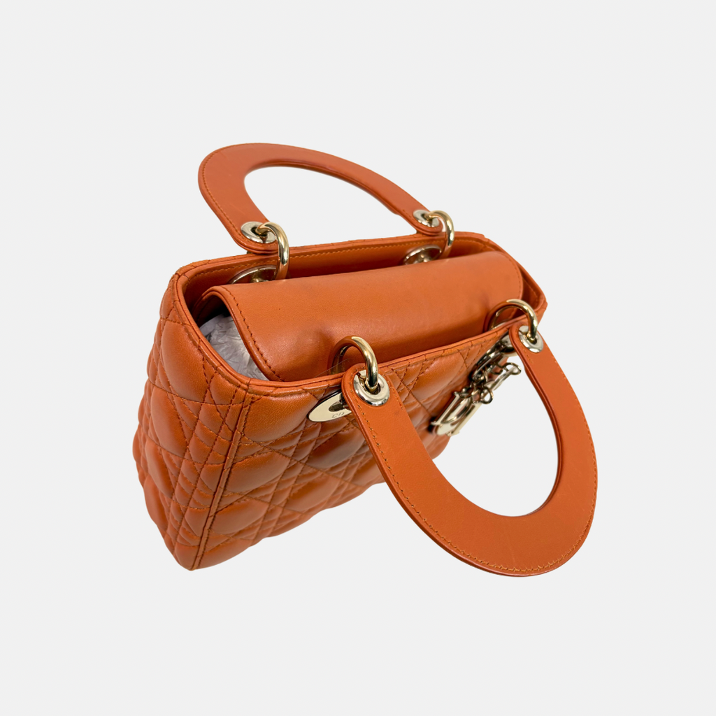 Lady Dior Small Orange Cannage Lambskin Leather ABC Strap Gold Hardware
