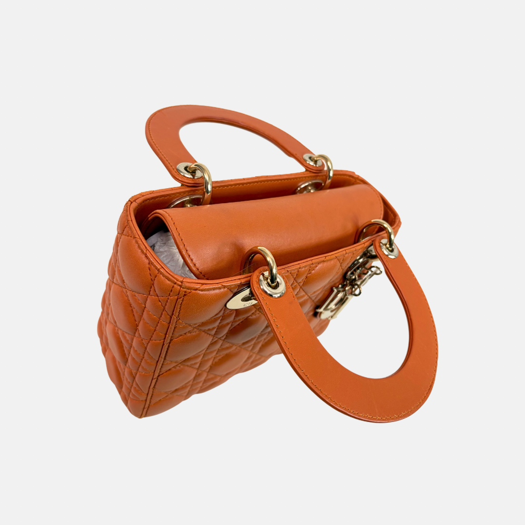 Lady Dior Small Orange Cannage Lambskin Leather ABC Strap Gold Hardware